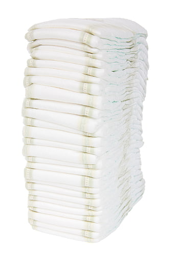 Stack of white disposable baby diapers isolated on white background