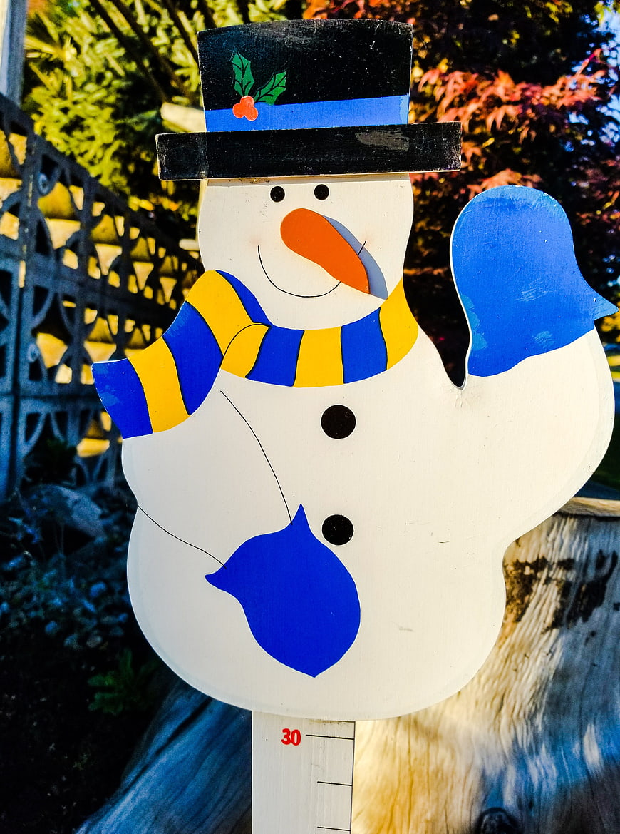 Colorful Wooden Snowman Garden Decoration with Blue and Yellow Scarf