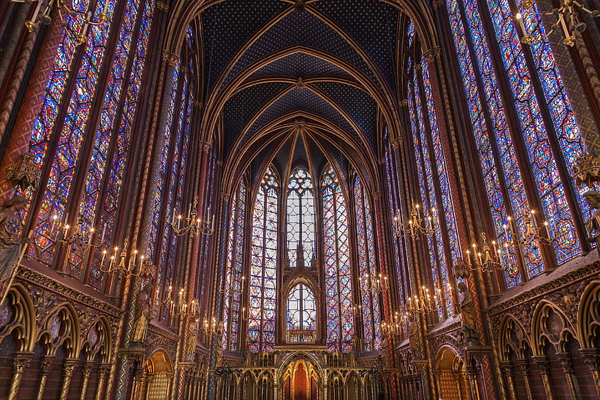 Gothic Cathedral Interior with Stained Glass Windows