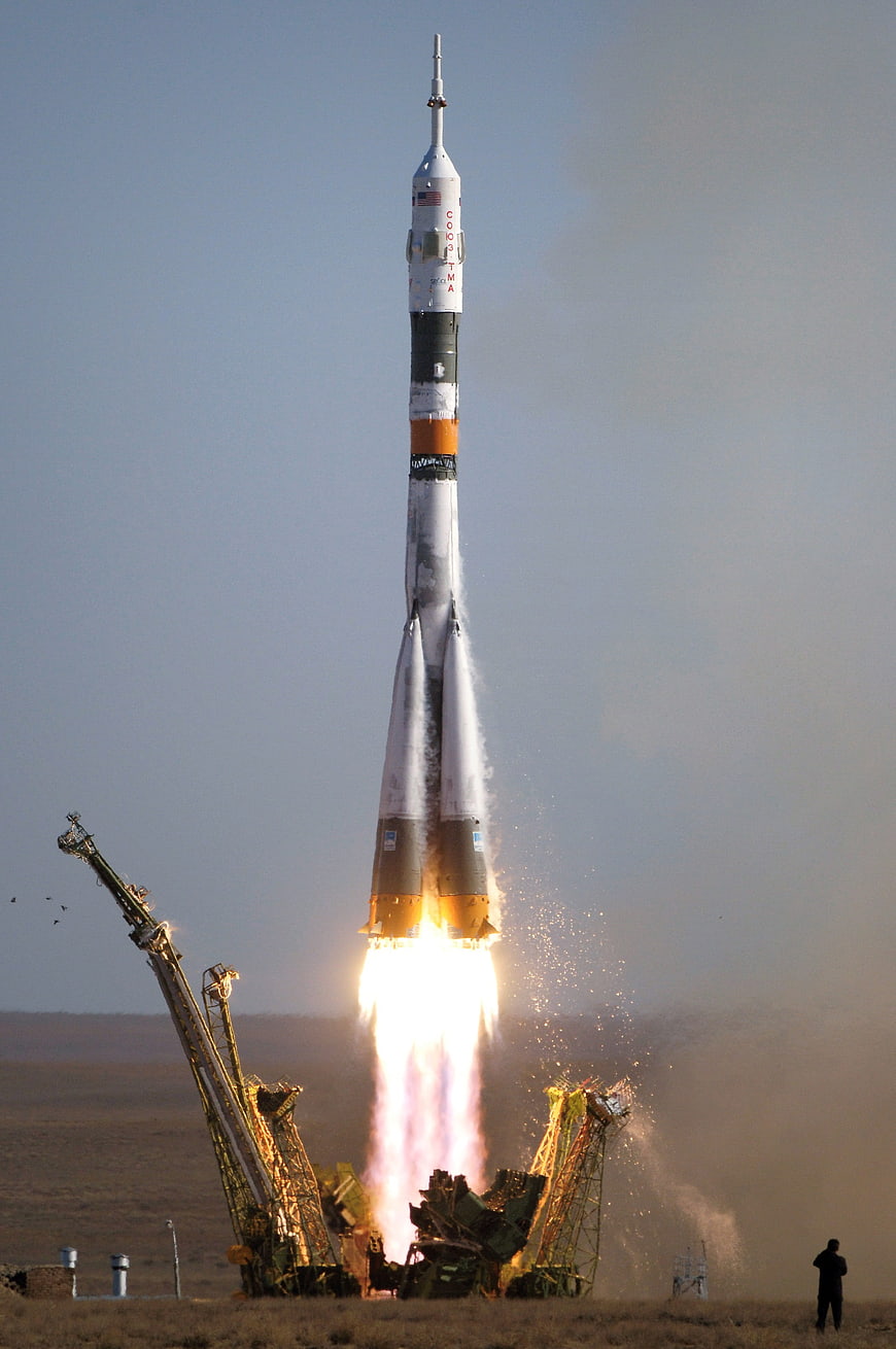 Soyuz Rocket Launching with Bright Flame and Smoke