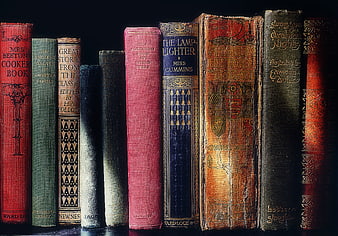 Vintage Antique Books on Shelf with Ornate Spines
