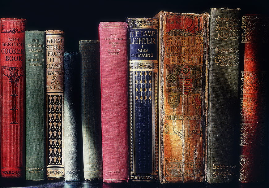 Vintage Antique Books on Shelf with Ornate Spines
