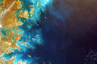 Satellite view of Earth's coastline with swirling ocean currents