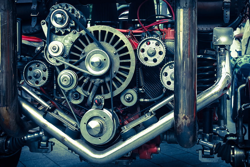 Close-up of vintage motorcycle engine with chrome details
