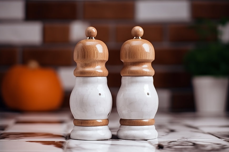 Salt and Pepper Shakers on Marble Kitchen Counter