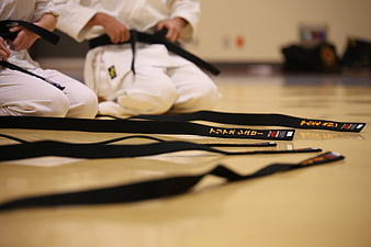 Black Martial Arts Belts On Dojo Floor During Karate Promotion Ceremony