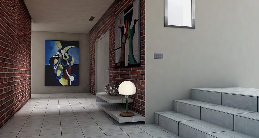 Modern Interior Hallway with Brick Wall and Abstract Art