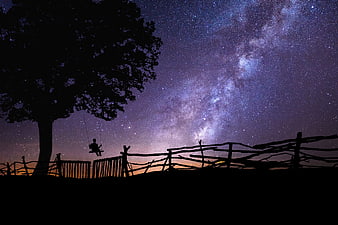 Silhouette of child on swing under Milky Way night sky