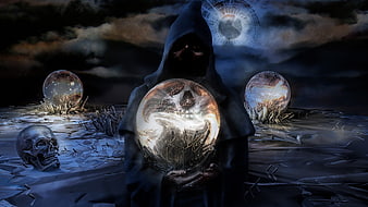Hooded figure holding glowing crystal ball in dark fantasy landscape