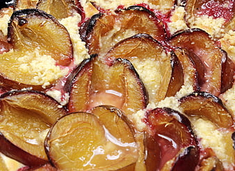 Close-Up of Freshly Baked Plum Crumble Cake with Streusel Topping
