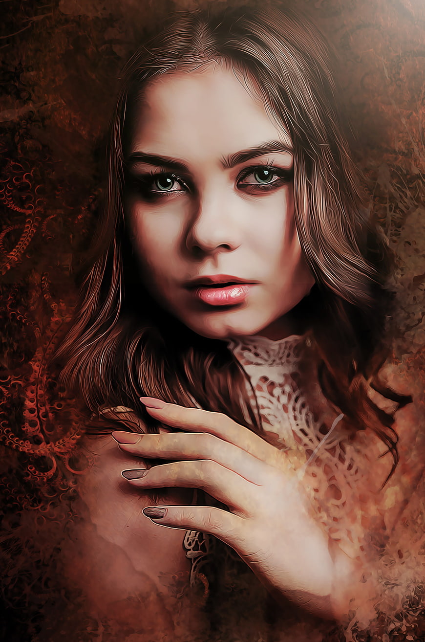 Dark fantasy portrait of a woman with glowing eyes and lace