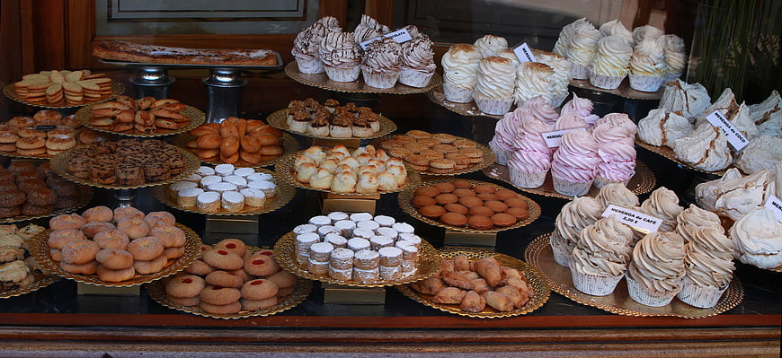 Assorted Pastries and Cupcakes in Bakery Shop Window Display