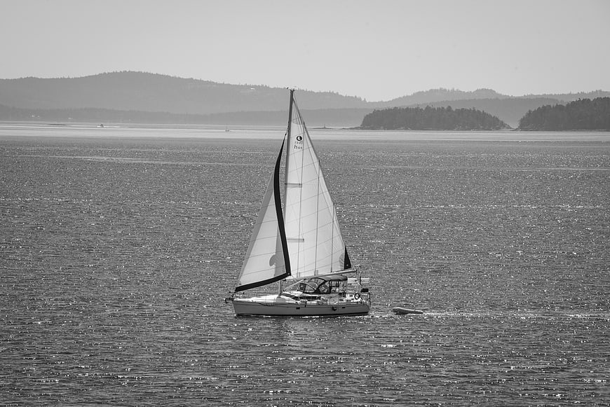 Black and white sailboat on sparkling ocean water