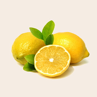Fresh Yellow Lemons with Green Leaves on White Background