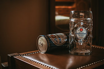 Bamberg Kaiserdom beer can and glass on leather