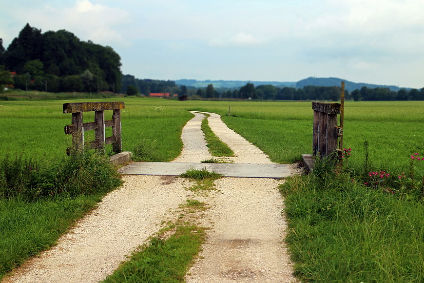 Gravel Path Through Green Meadow with Wooden Gate