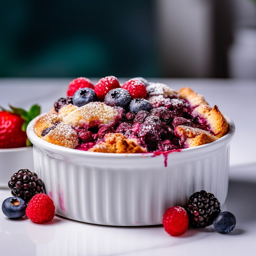 Baked Mixed Berry Crumble in White Ramekin