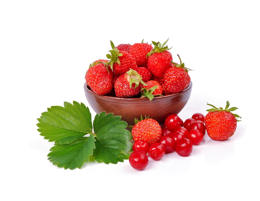 Fresh Strawberries and Red Currants in Wooden Bowl