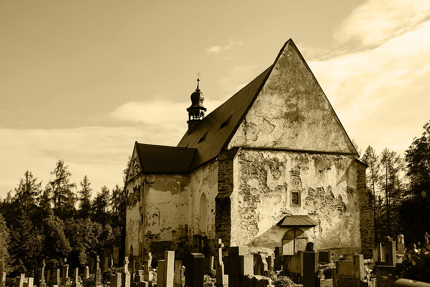 Old Sepia Church in Cemetery with Weathered Walls