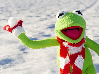 Kermit the Frog Puppet in Snow with Scarf and Snowball