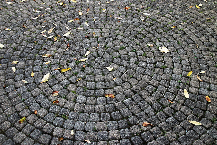 Autumn Leaves Scattered On Gray Cobblestone Paving Pattern