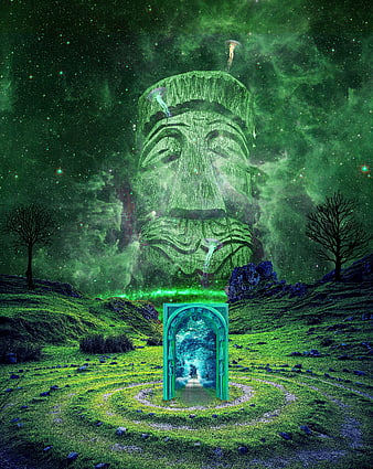 Surreal Fantasy Landscape With Giant Stone Face And Glowing Portal