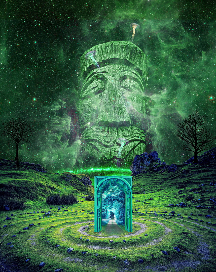 Surreal Fantasy Landscape With Giant Stone Face And Glowing Portal