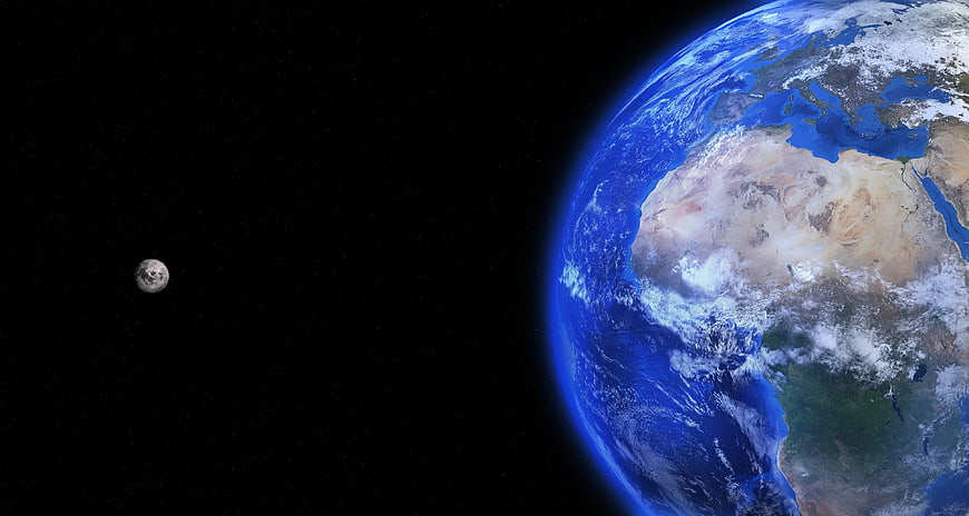 Earth and Moon in Space with Blue Atmosphere