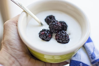 Hand Holding Bowl of Yogurt With Blackberries