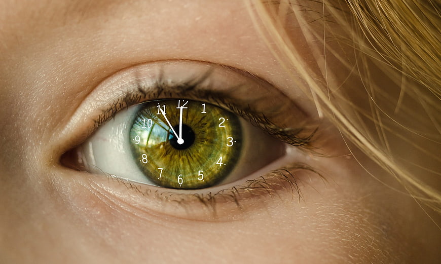 Close-up of green eye with clock face iris concept