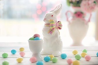 White Ceramic Easter Bunny with Pastel Candies and Bow