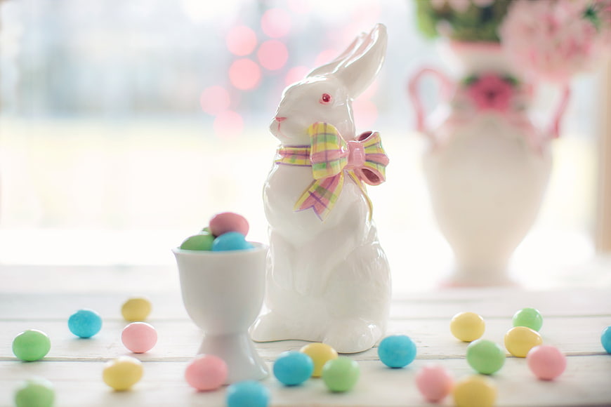 White Ceramic Easter Bunny with Pastel Candies and Bow