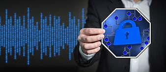 Businessman holding digital padlock with binary code background