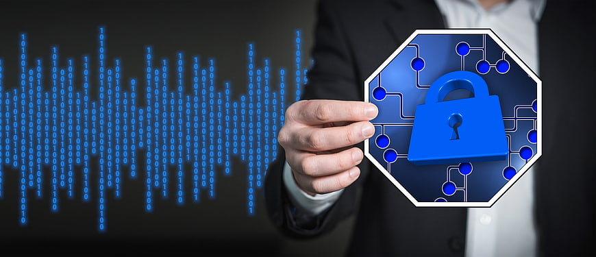Businessman holding digital padlock with binary code background
