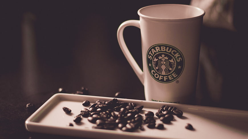 Starbucks Coffee Mug with Roasted Beans on White Tray