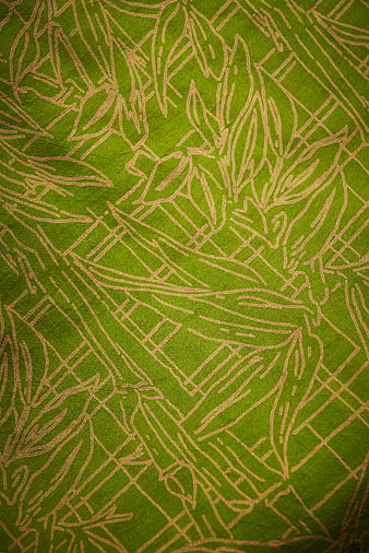 Green Textile Fabric with Gold Leaf Pattern Texture