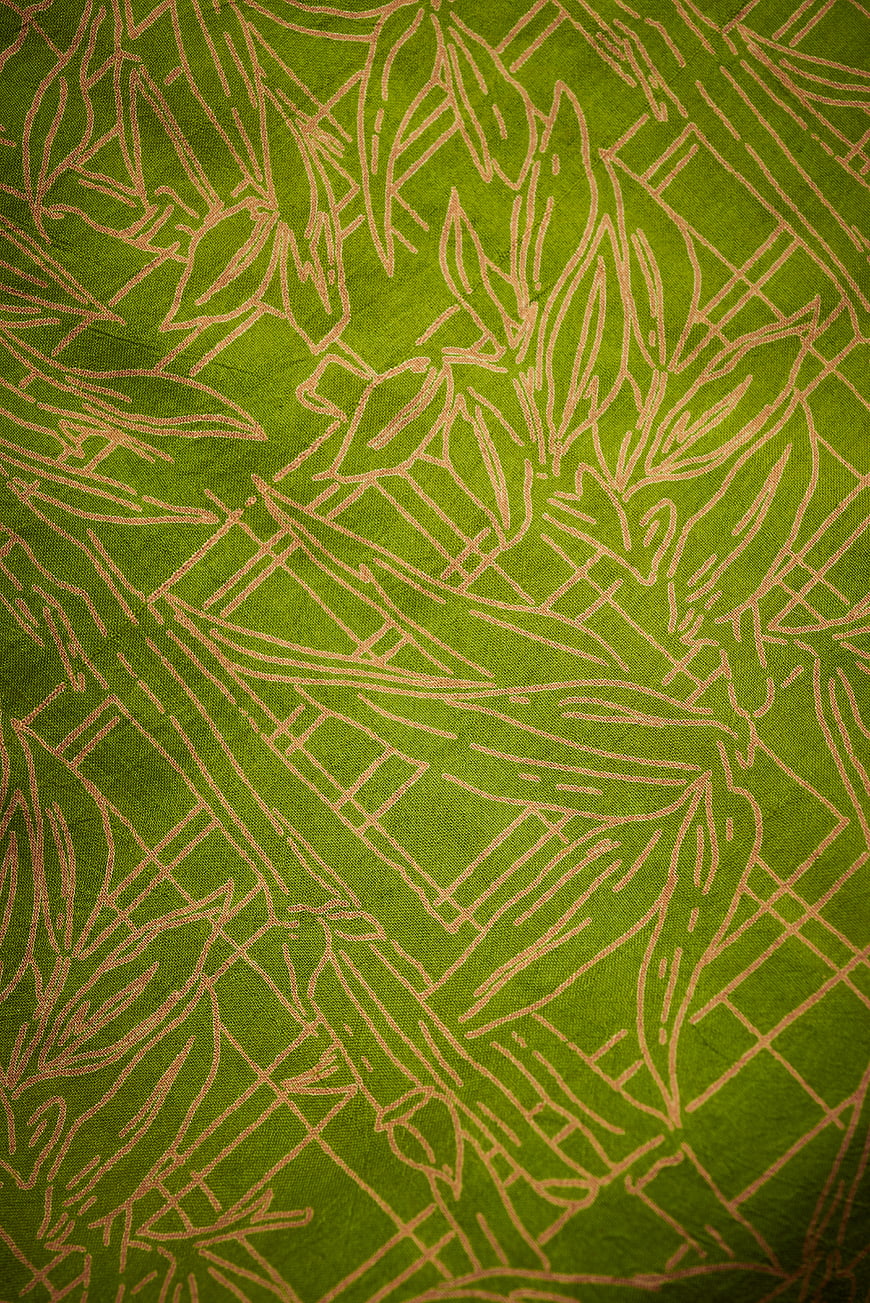 Green Textile Fabric with Gold Leaf Pattern Texture