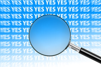 Magnifying glass over repeating yes text pattern on blue background
