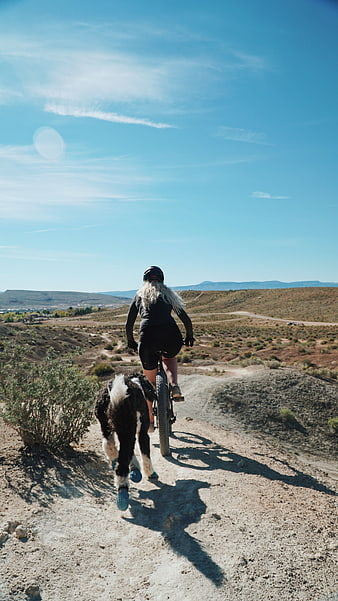 Woman mountain biking with dog in desert landscape
