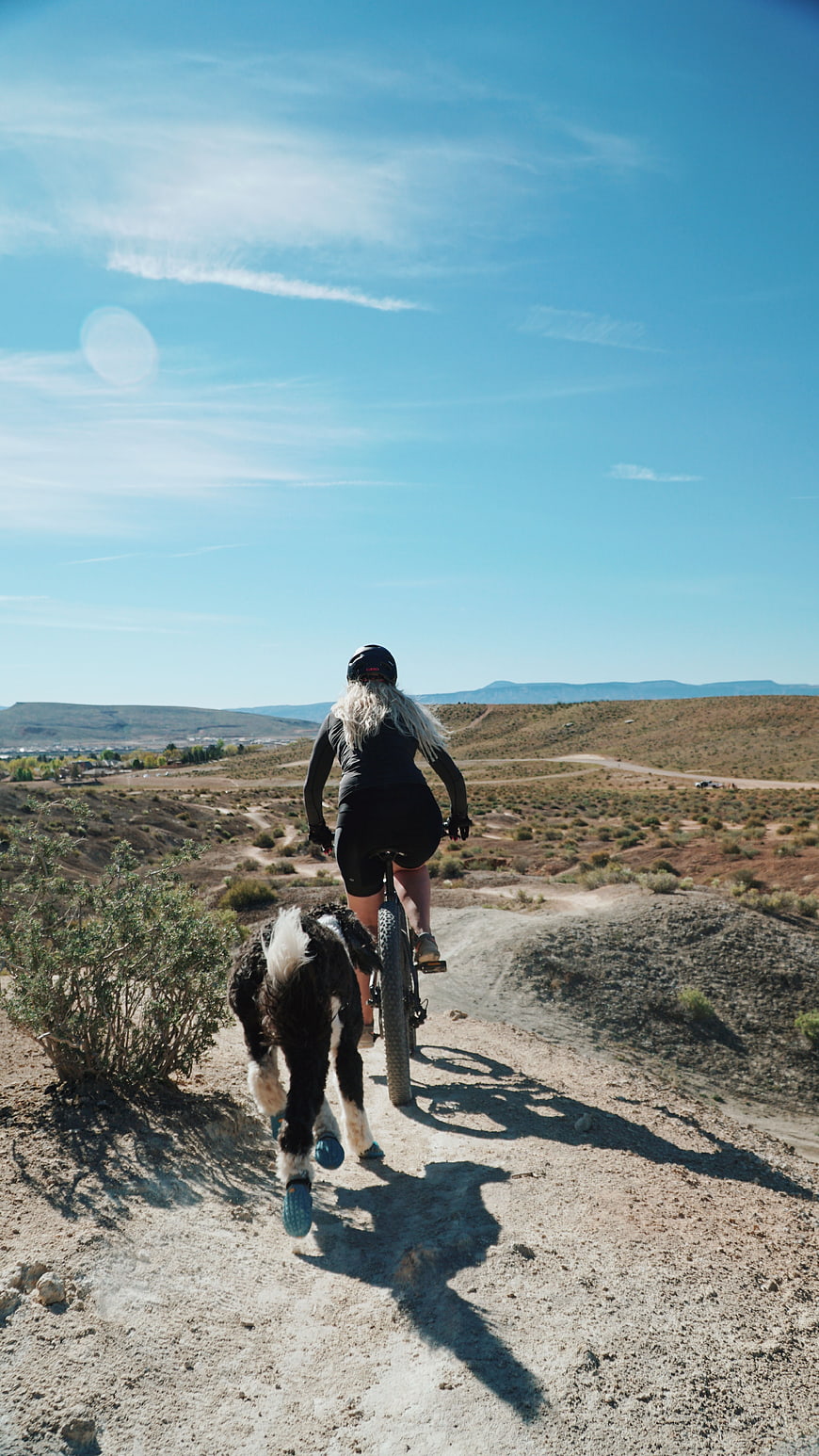 Woman mountain biking with dog in desert landscape