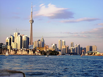 Toronto Skyline View From Waterfront With CN Tower And Cityscape