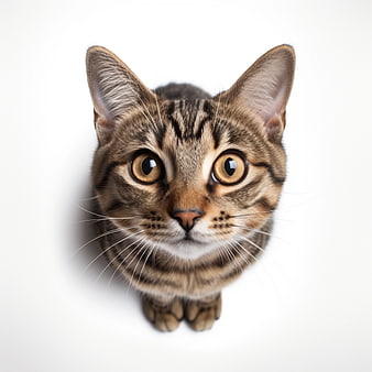 Cute Tabby Cat Looking Up with Wide Eyes on White