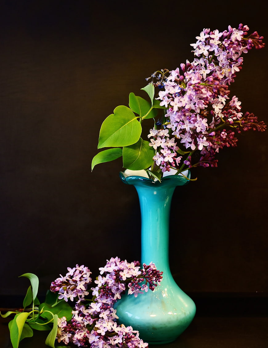 Lilac bouquet in turquoise vase on dark background