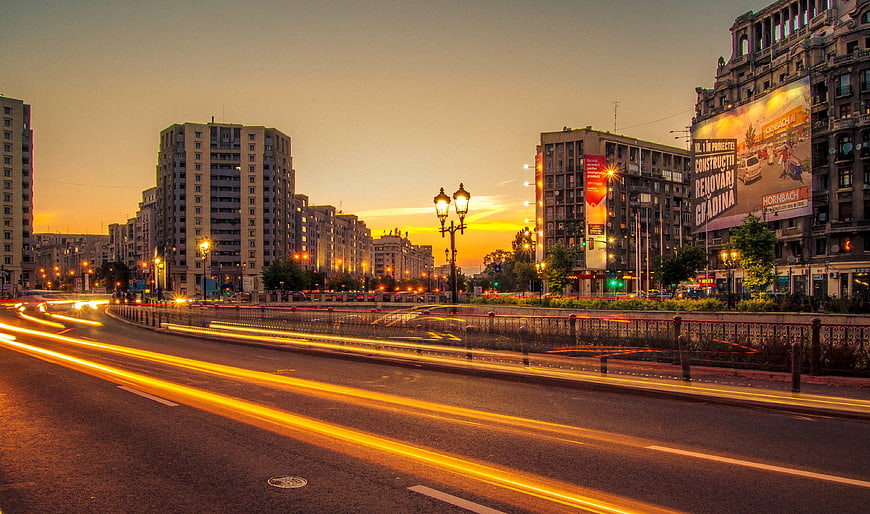 Long Exposure City Traffic Light Trails at Sunset
