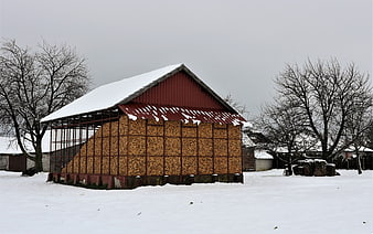 Red Barn Filled with Firewood in Snowy Winter Landscape