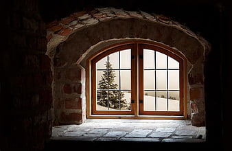 Arched wooden window view of snowy winter landscape and pine tree