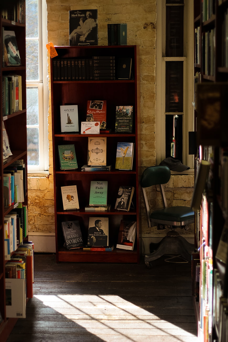 Sunlit Bookshelf in Cozy Library Interior