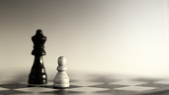 Black and white chess pieces on a board with shallow depth of field