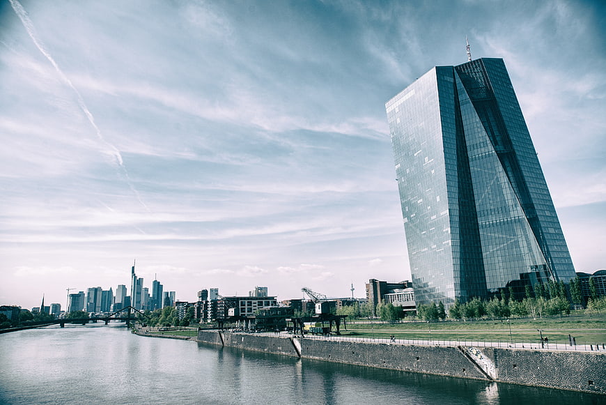 European Central Bank skyscraper and Frankfurt skyline by river