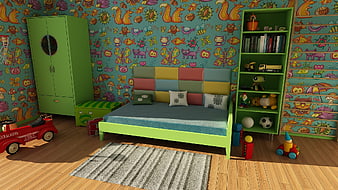 Colorful 3D Rendered Child Bedroom with Patterned Wallpaper